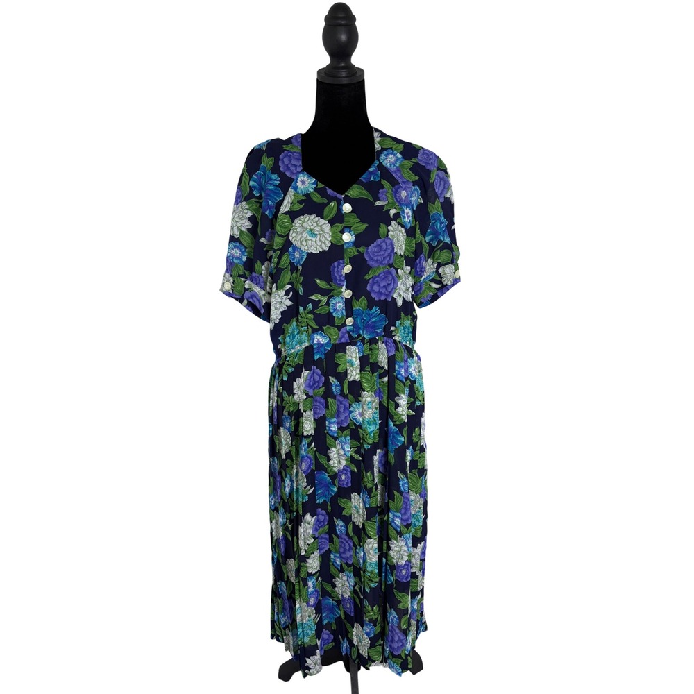 Leslie Fay Floral Midi Dress Womens 8P Navy Blue Vintage Pleated Button Front